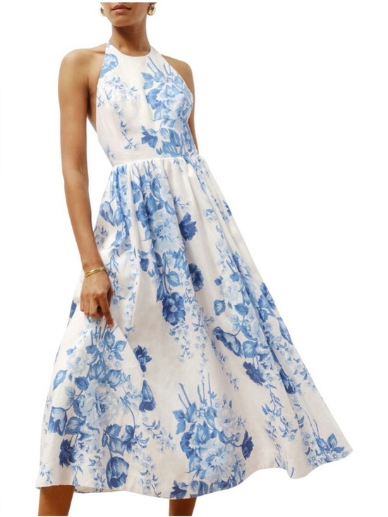 Reformation Dresses & Skirts - Percy Reformation White Halter Midi Dress with Blue Floral Print